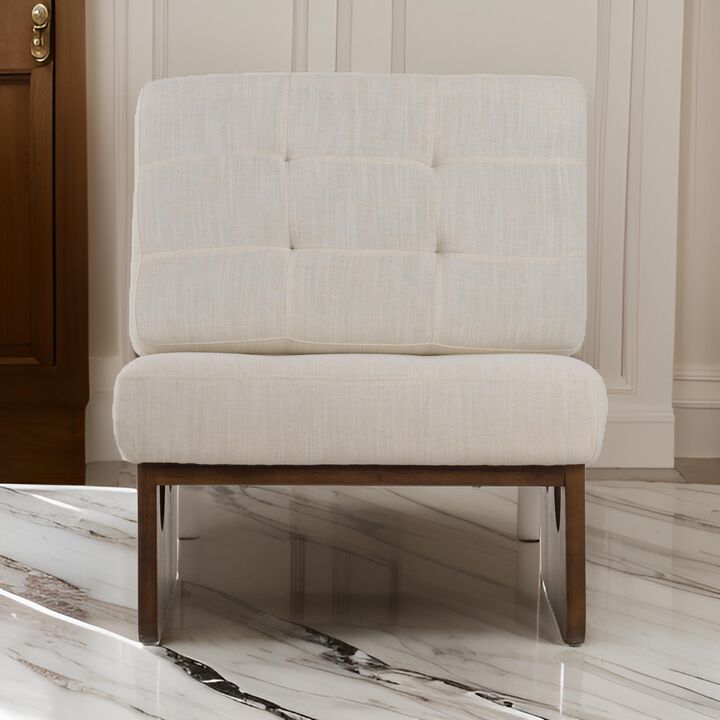 27 Inch Accent Chair, Cushioned Tufted Back, Open Panel Frame, Beige, Brown - Benzara