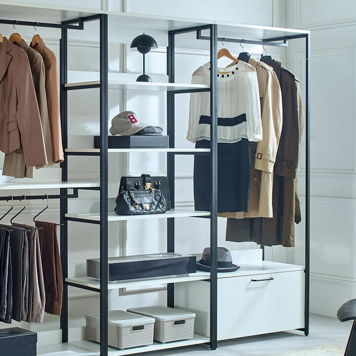 FC Design Klair Living White Freestanding Walk in Wood Closet System with Metal Frame