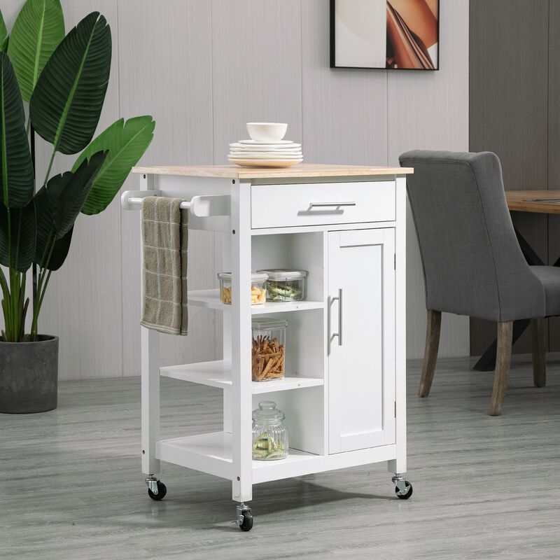 White Kitchen Island: Compact Rolling Cart with Shelf & Drawer