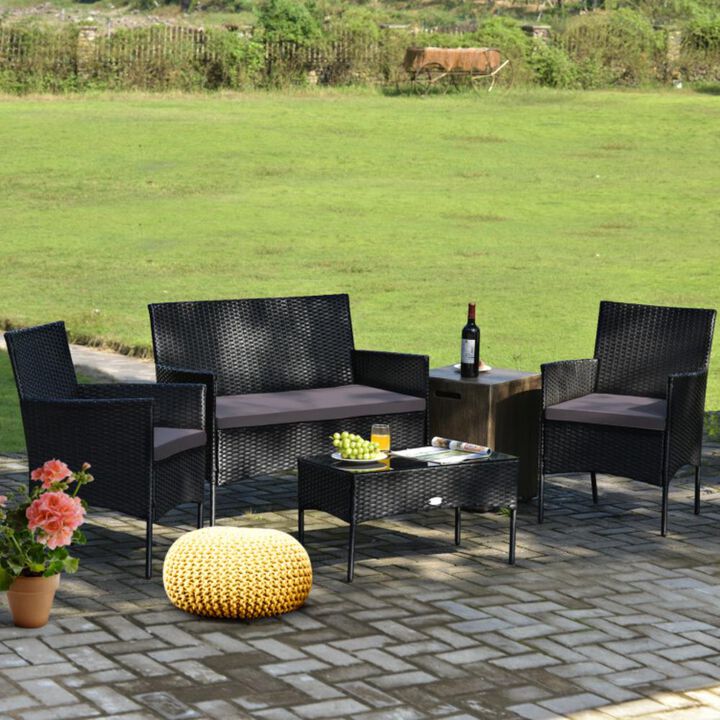 Hivvago 4 Pieces Patio Rattan Cushioned Sofa Set with Tempered Glass Coffee Table