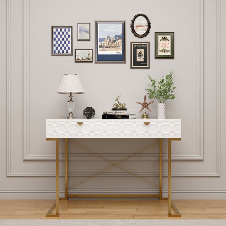 42 in. Rectangular Blue Solid Wood Writing Desk with Metal Stand