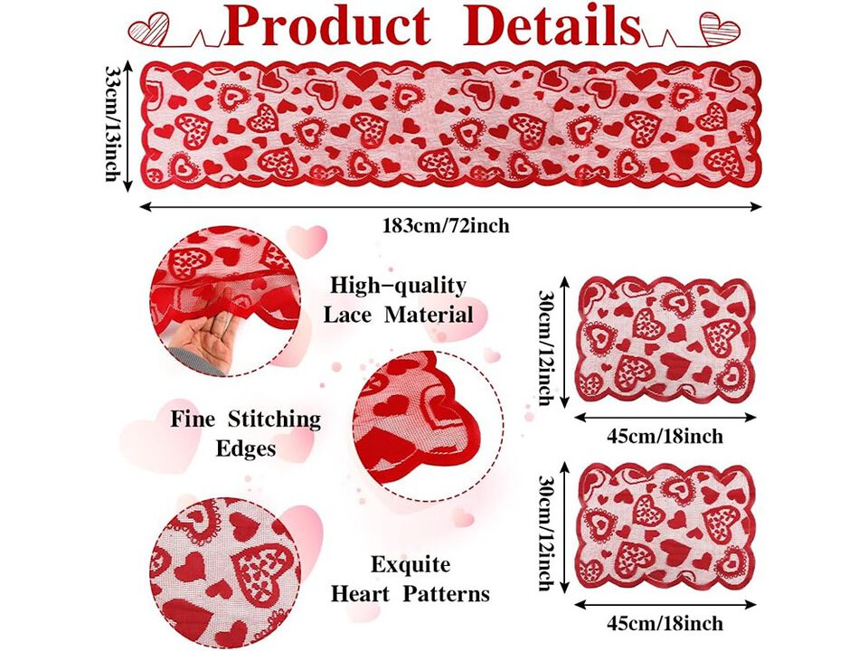 SythorYang Valentines Table Runner, Red Lace Table Runner with 2 Placemats