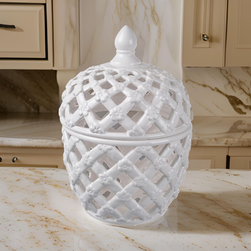 Decorative Ceramic Lidded Jar with Cut Out Texture, Large, White - Benzara