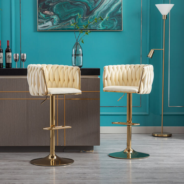 Set of 2 Bar Stools, with Chrome Footrest and Base Swivel Height Adjustable Mechanical Lifting Velvet + Golden Leg Simple Bar Stoo, Ivory