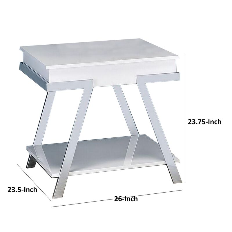 Tius 26 Inch Side End Table, Open Shelf, Chrome, High Gloss White Finish - Benzara