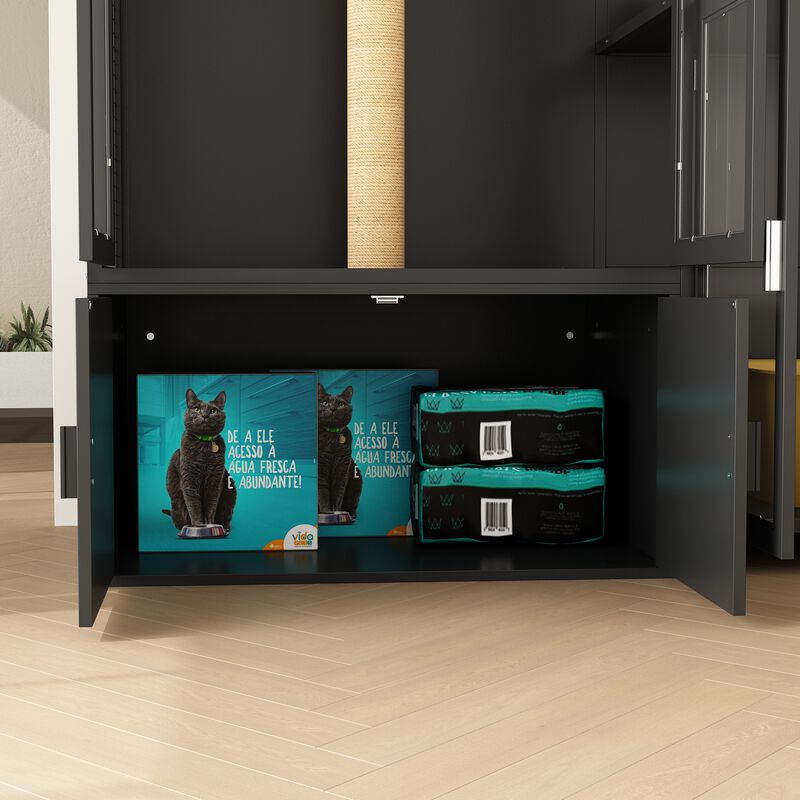 FUFU&GAGA 3-Level Cat Tower with Jumping Platform, Sisal Scratching Posts, Acrylic Doors & Storage Cabinet, (63" Lx 23.6"W x 74.8"H), Black