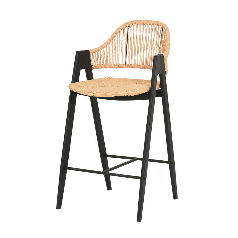 26 Inch Counter Stool Chair Set of 2, Woven Back, Iron Frame, Rattan, Beige - Benzara