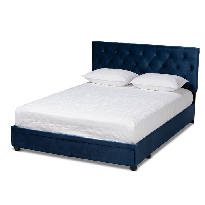 Baxton Studio Caronia Navy Velvet Fabric Upholstered 2 Drawer Queen Size Platform Storage Bed