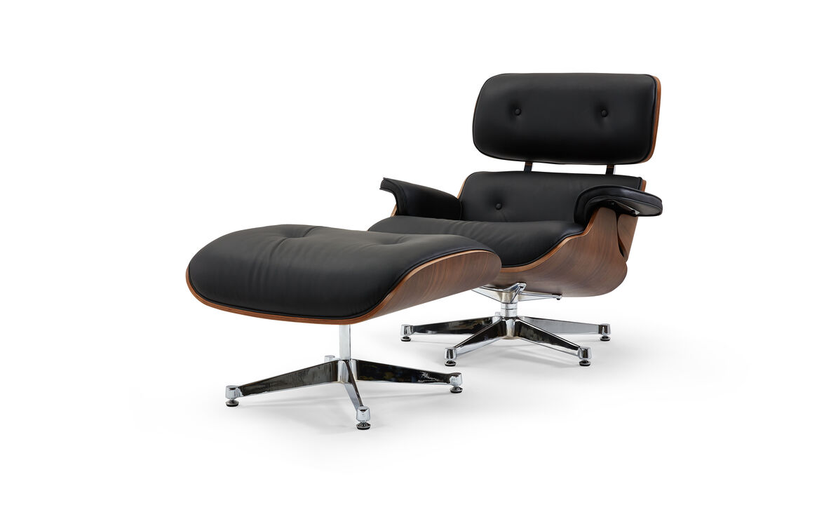 Pasargad Home Portfino Leather Lounge Chair with Ottoman (Black)