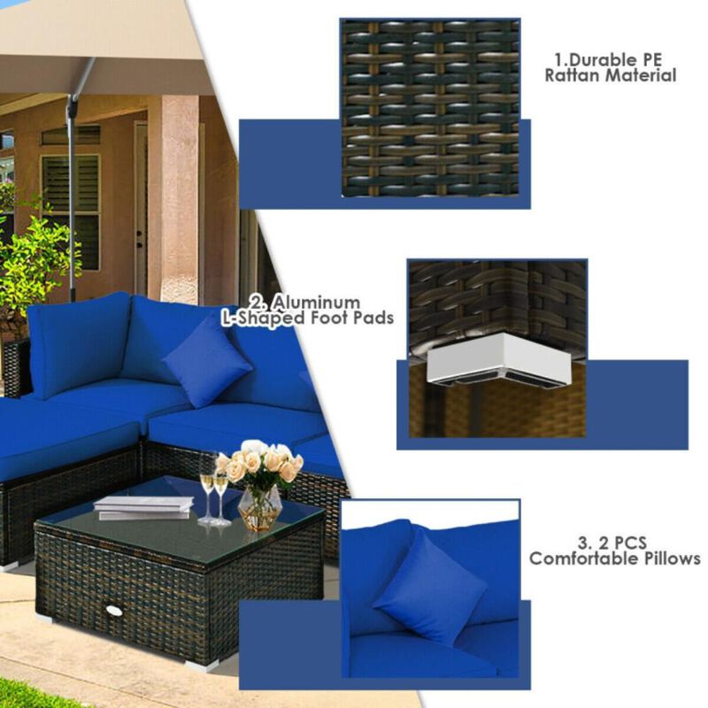Hivvago 5 Pcs Outdoor Patio Rattan Furniture Set Sectional Conversation with Navy Cushions