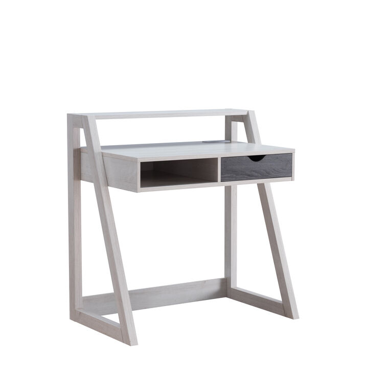 White Oak & Distressed Grey Home Office Desk with Lifted Shelf and USB/Power Outlet