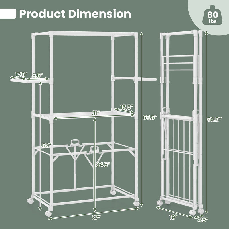 Foldable Aluminum Laundry Rack with Hanging Rods and Drying Shelves for Space-Saving Clothes Drying