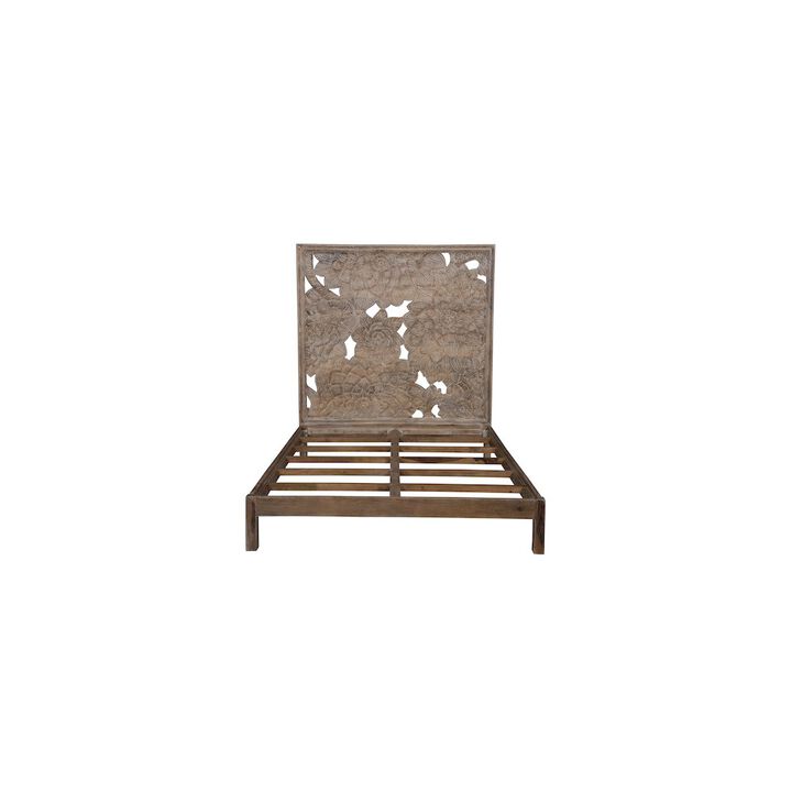 Porter Designs Dahlia Hand Carved Motif Queen Bed, Brown