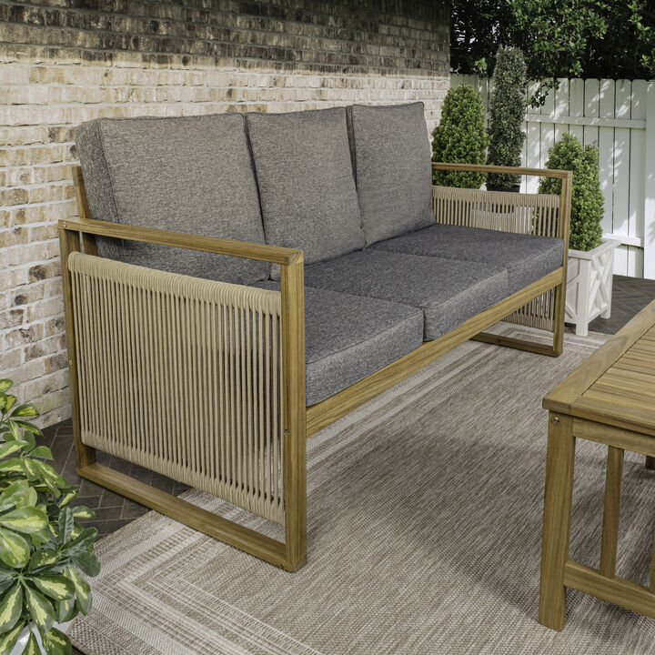 Gable 3-Seat Mid-Century Modern Roped Acacia Wood Outdoor Sofa with Cushions
