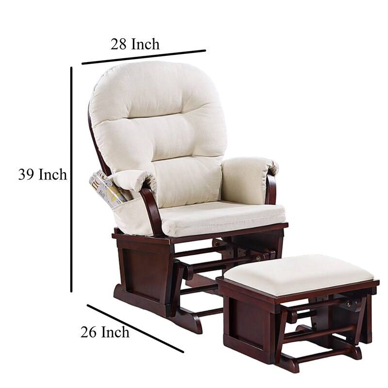 Noni Glider Manual Recliner Chair with Ottoman, Dark Brown, Beige - Benzara