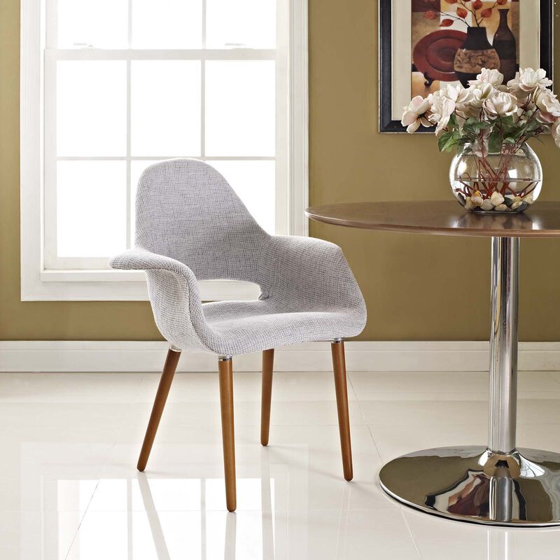 28 Inch Dining Armchair, Gray Fabric, Flared Design Arms, Beechwood Legs-Benzara
