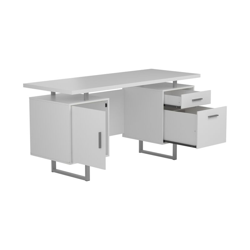 Wooden Office Desk with Floating Top and File Cabinet, White-Benzara