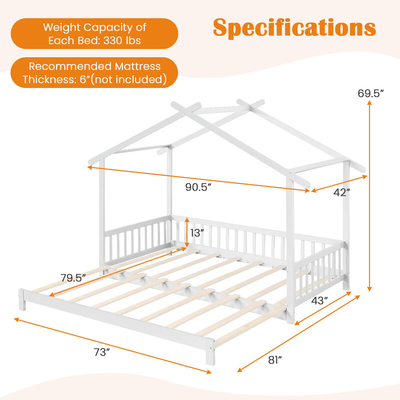 Extendable House Bed Daybed with Roof and Fence Rails