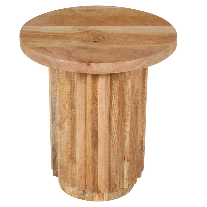 Muna Side End Table, 16" Round Top, Handcrafted Mango Wood Reeded Base, Natural Brown