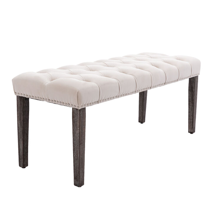 Beige Velvet Tufted Bench Ottoman