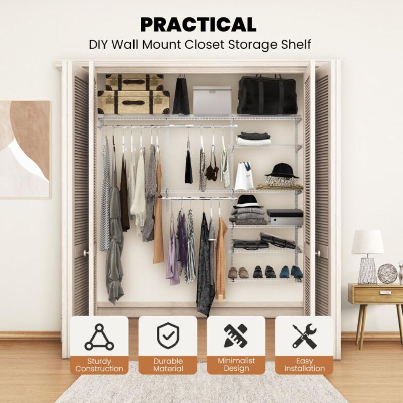 Hivvago Adjustable Closet Organizer Kit with Shelves and Hanging Rods for 4 to 6 Feet