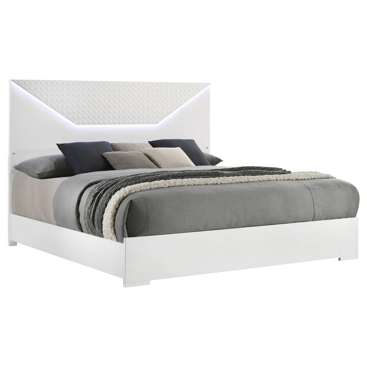 Ivon King Bed, 3D Embossed LED Headboard, Glossy White Solid Wood - Benzara