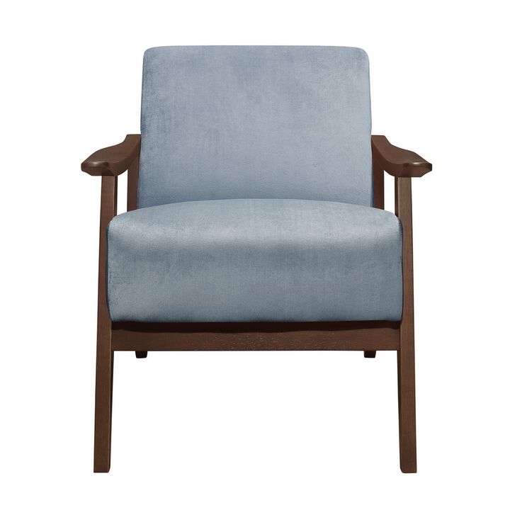 Rica 32 Inch Accent Armchair, Curved, Soft Blue Velvet, Brown Solid Wood - Benzara