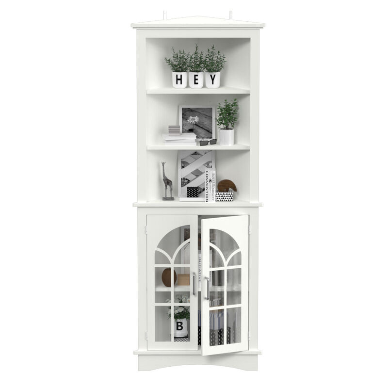 MONDAWE 63.3" Tall Freestanding Bookcase Corner Storage Cabinet with Doors and Adjustable Shelves 5-Tier Corner Display Cabinet