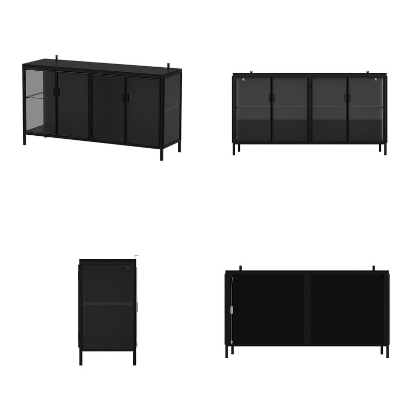 FUFU&GAGA  Modern Industrial Black Metal & Glass Storage Cabinet – 4-Door Tempered Glass Display with Sturdy Wood Shelves, (55.1" W x 15.7" D x 29.5" H), Black