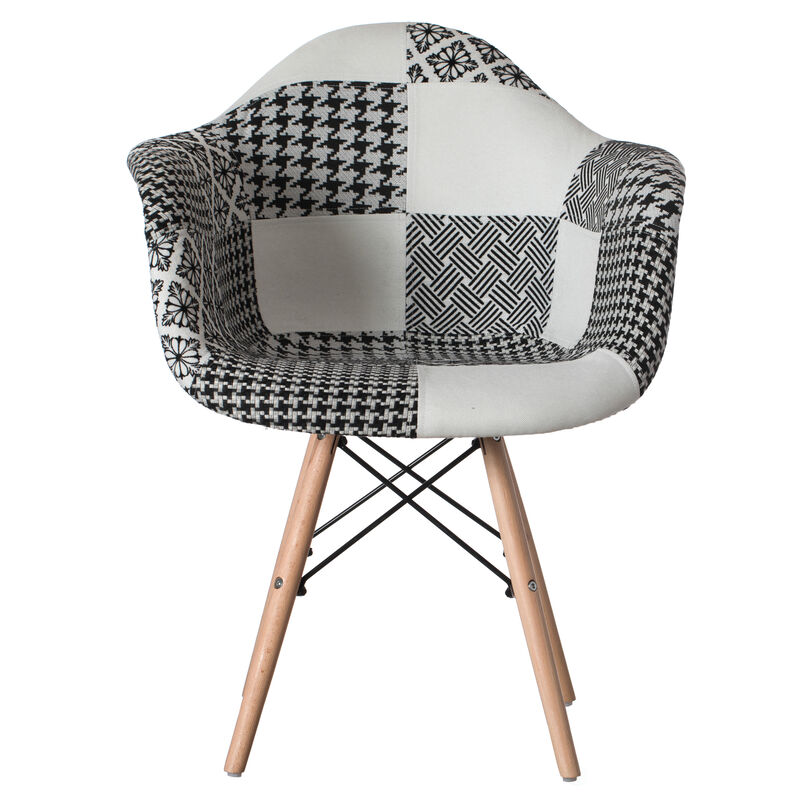 Mid-Century Modern Style Fabric Lined Armchair with Beech Wooden Legs, Black and White