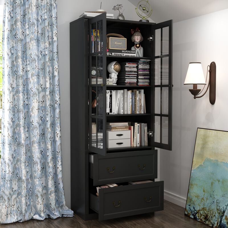 Black Wooden 31.5 in. W Buffet Pantry Cabinet Kitchen Cabinet with Adjustable Shelves and Tempered Glass Doors, Drawers