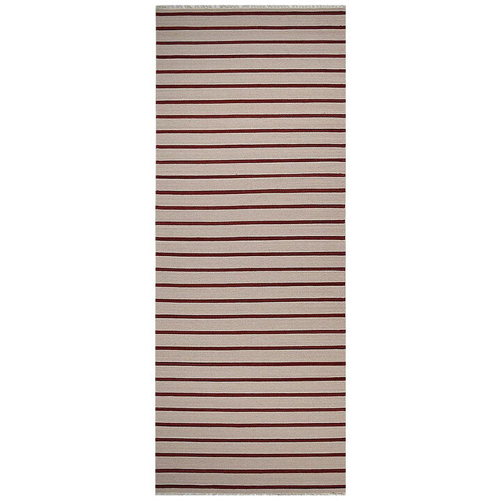 RUGSOTIC CARPETS HAND WOVEN FLAT WEAVE KILIM WOOL ECO-FRIENDLY AREA RUGS  - 2'6''x6', Runner Shape, Cream Red Color, Contemporary Modern Design, Low Pile Handmade Rugs for Living Room (D00118)