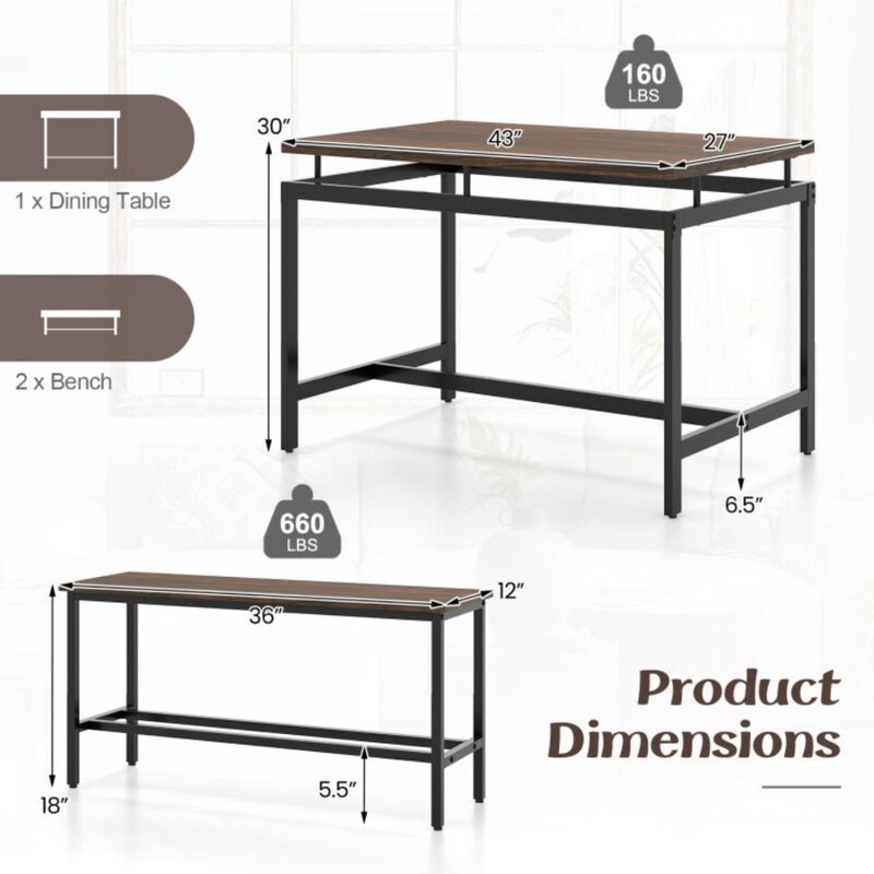 Hivvago 3 Pieces Dining Table Set with Wooden Kitchen Table and 2 Benches