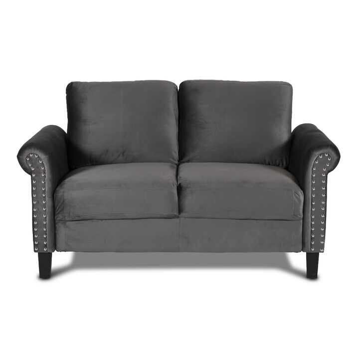 Judy 60 Inch Velvet Upholstered Loveseat with Nailhead Trim, Gray-Benzara