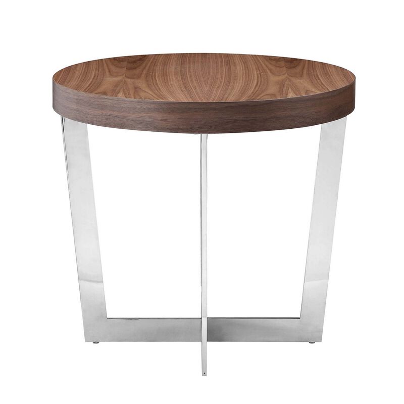 Tini 24 Inch Side End Table, Round Shaped Top, Metal Frame, Walnut Brown - Benzara