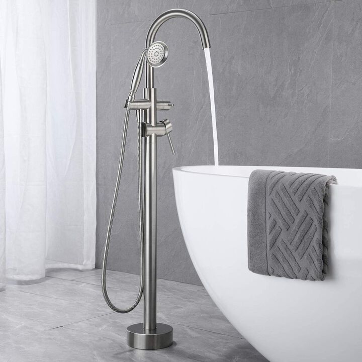 Freestanding Tub Filler Bathtub Faucet Brushed Nickel With Hand Held Shower Floor-Mount