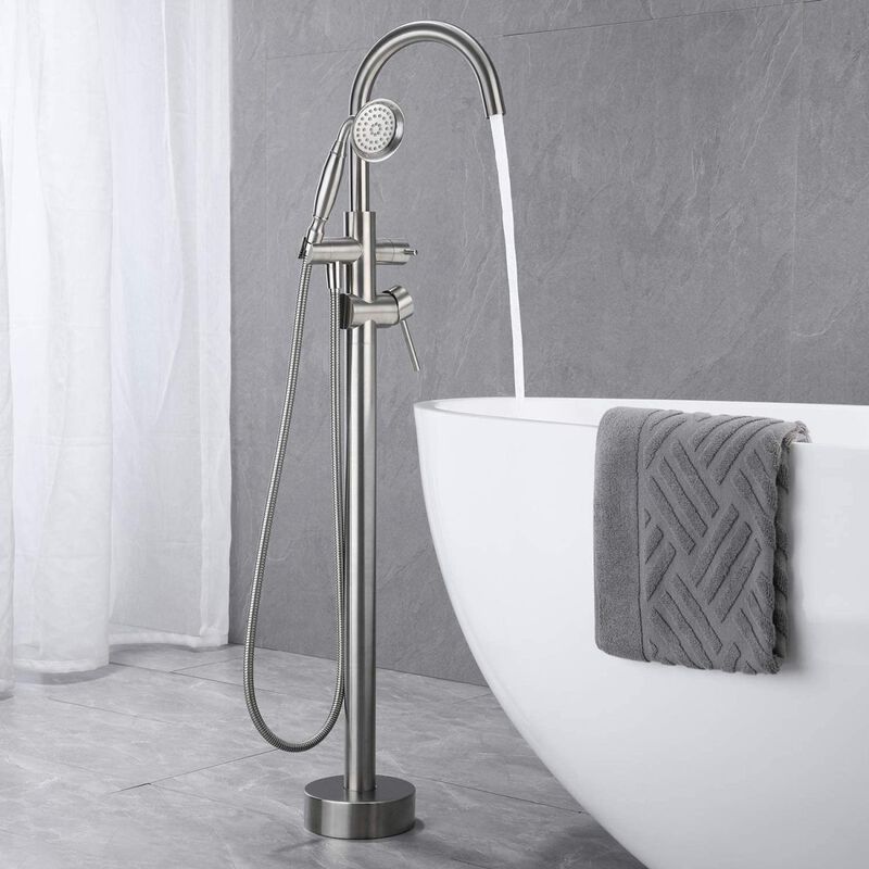 Freestanding Tub Filler Bathtub Faucet Brushed Nickel With Hand Held Shower Floor-Mount