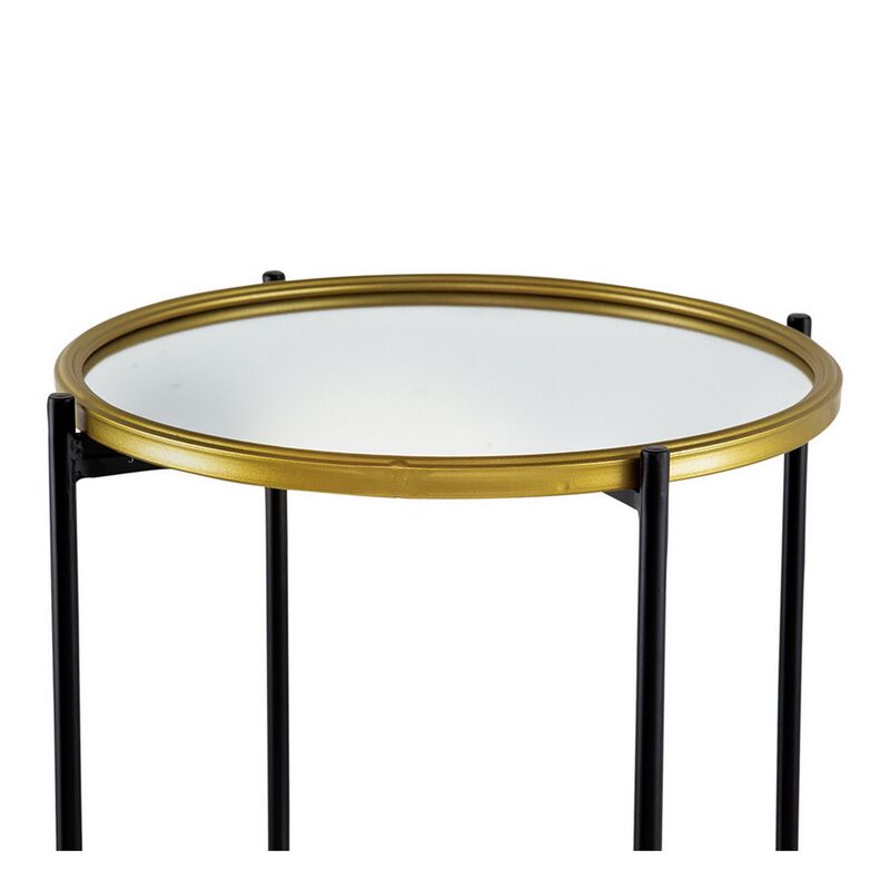 Ara 39 Inch Round 3 Tier Shelf, Metal, Mirrored Glass Shelves, Black, Gold-Benzara