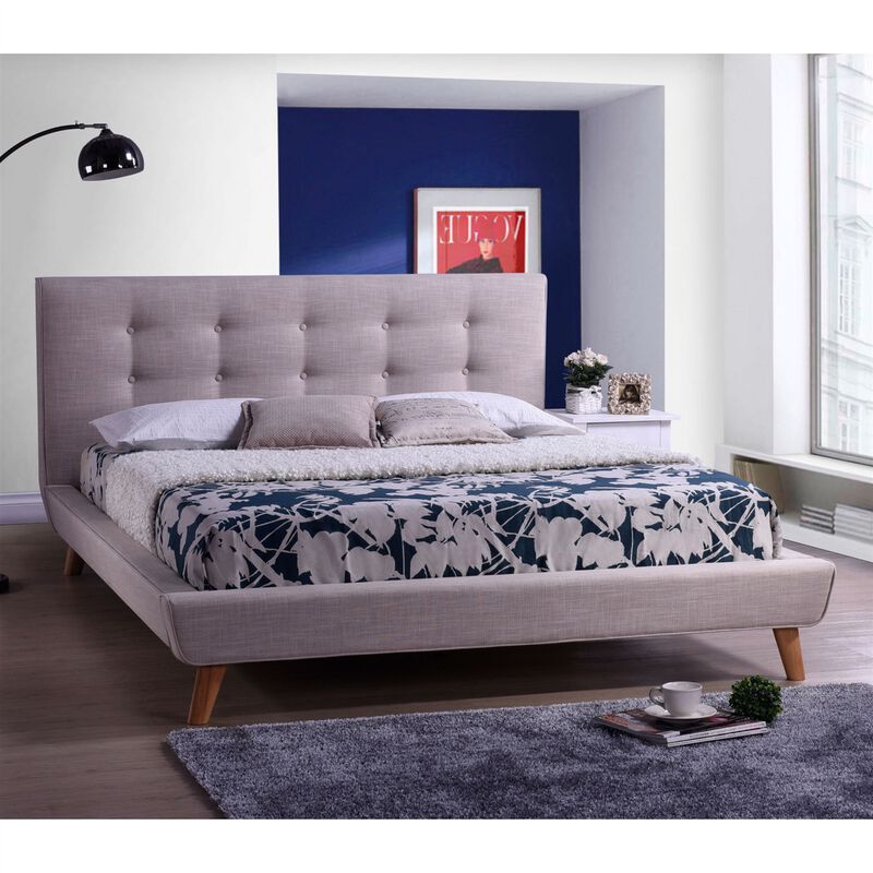 Modern Classic Linen Upholstered Platform Bed with Button Tufted Headboard