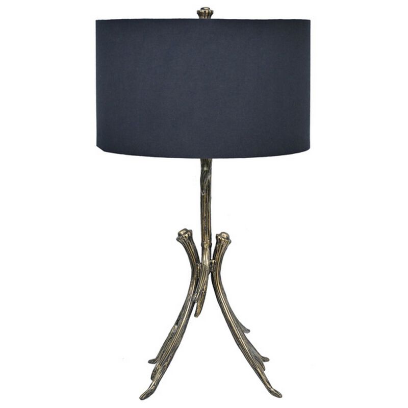 31 Inch Modern Table Lamp, Black Drum Shade, Unique Gilt Base Bronze Metal - Benzara