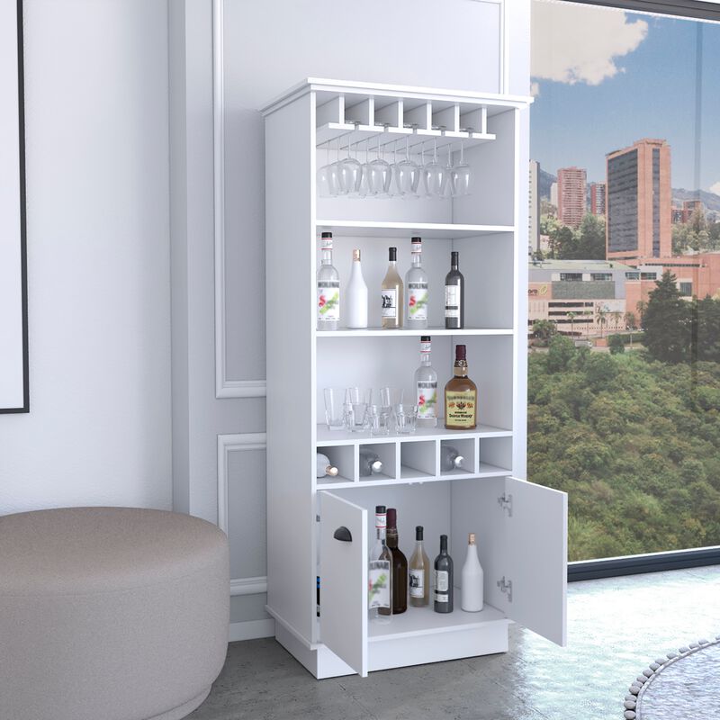 Dundee 70-Inch High 10-Glass Bar Cabinet with 5 Cubbies and 3 Open Shelves and Cabinet