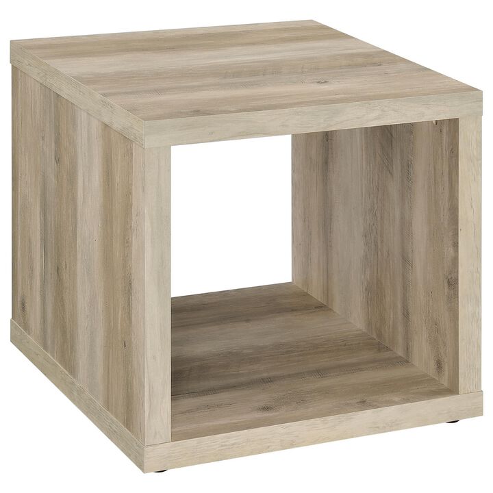 Rizz Side End Table, Square Cube Design Shelf, 23 Inch Light Brown - Benzara