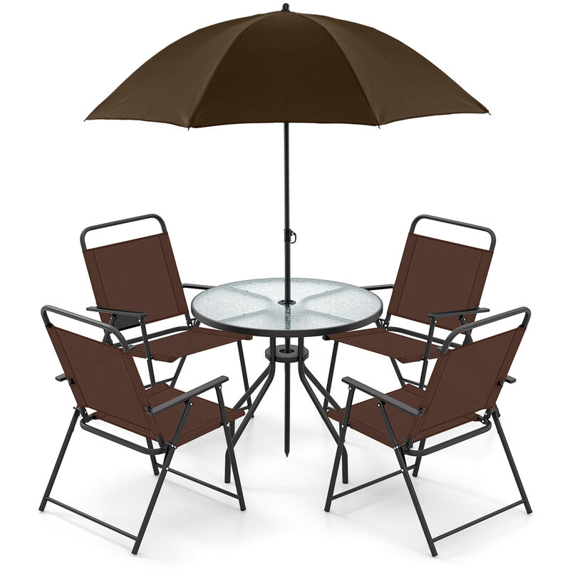 6 Pieces Patio Dining Set Folding Chairs Glass Table Tilt Umbrella for Garden