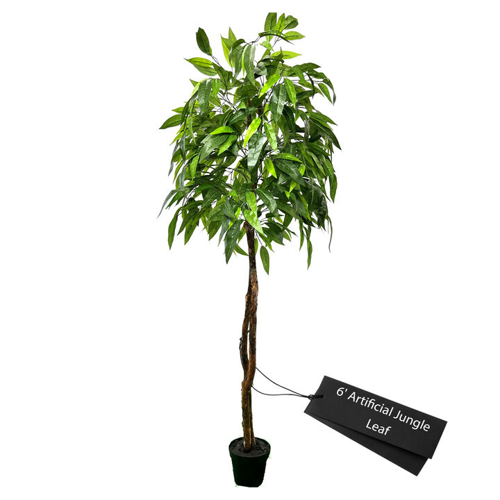 Handmade 6' Artificial Jungle Leaf Tree In Home Basics Plastic Pot Made with Real Wood and Moss Accents