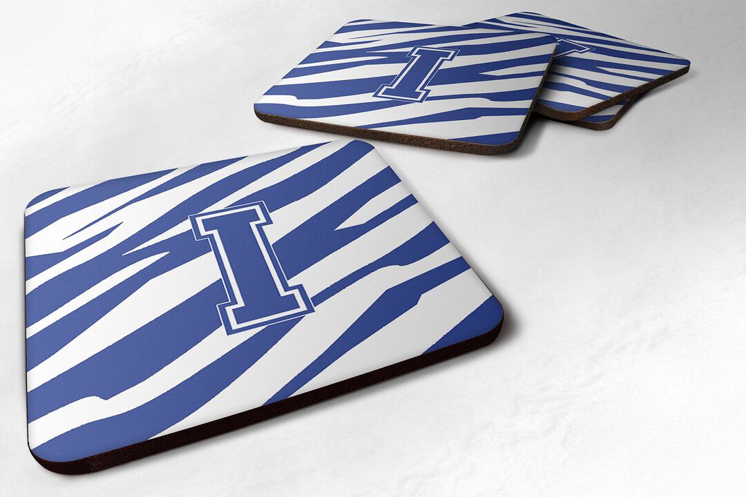 Caroline's Treasures CJ1034-IFC Monogram-Tiger Stripe Blue and White Foam Coasters (Set of 4), Initial Letter I, 3.5 H x 3.5 W, Multicolor