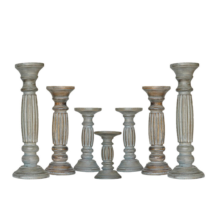 Traditional Gray Wash Eco-friendly Handmade Mango Wood Set Of Seven 6",9",12",15",12",9" & 6" Pillar Candle Holder