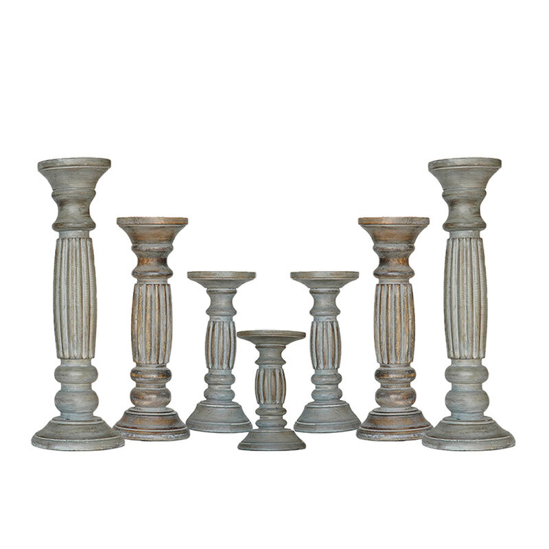 Traditional Antique Dusk Eco-friendly Handmade Mango Wood Set Of Seven 15",12",9",6",9",12" & 15" Pillar Candle Holder