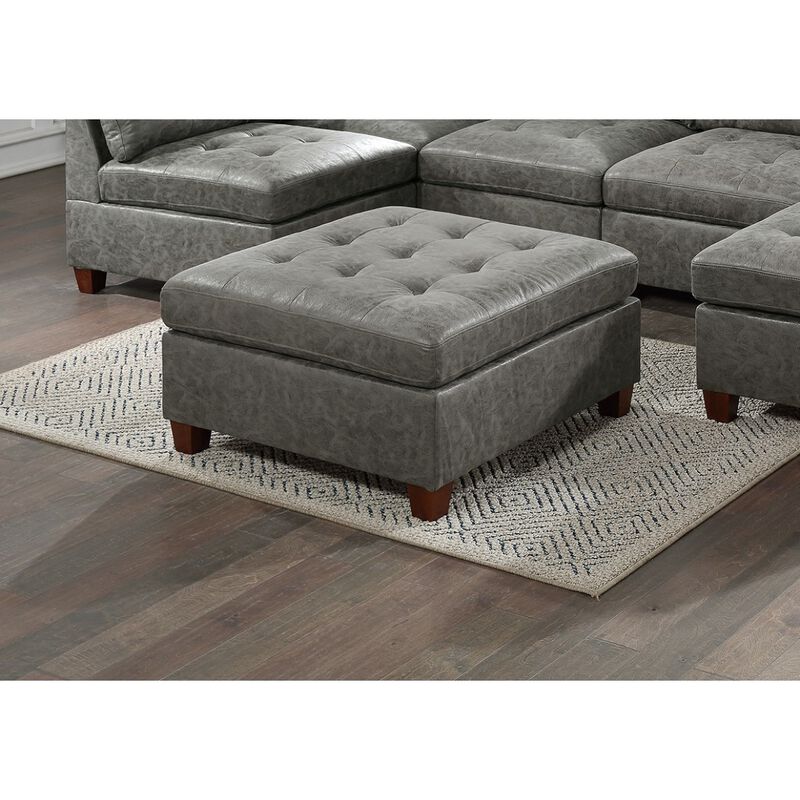 Tufted Cocktail Ottoman Antique Grey Breathable Leatherette 1 Piece Cushion Ottoman Seat Wooden Legs