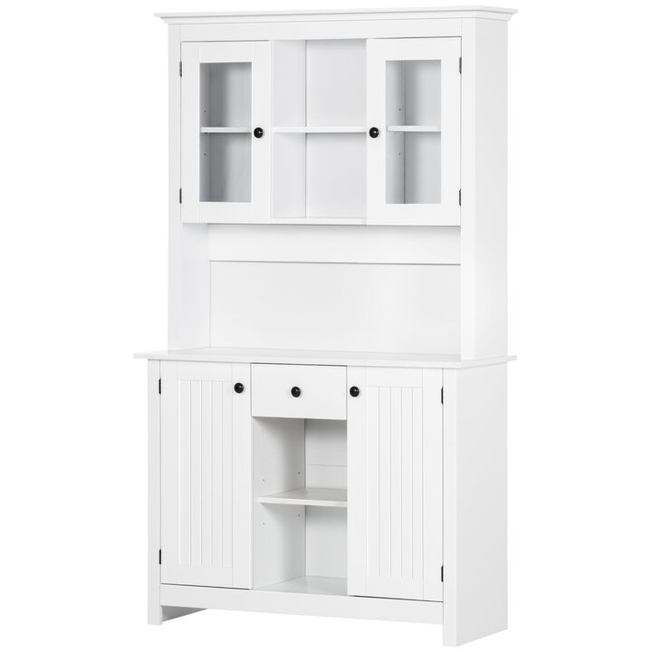 HOMCOM Freestanding Rustic Buffet with Hutch, 4 Door Farmhouse Kitchen Pantry Cabinet, Microwave Stand with Beadboard Panel, Drawer and Adjustable Shelves, White