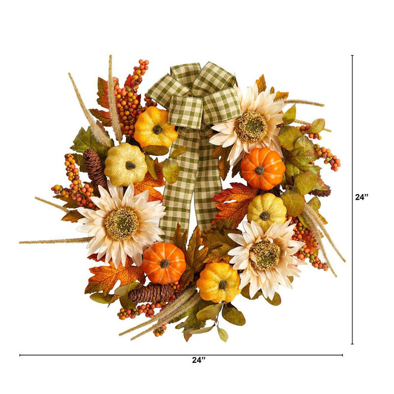 Nearly Natural 24-in Fall Pumpkin, Sunflower Artificial Autumn Wreath with Decorative Ribbon
